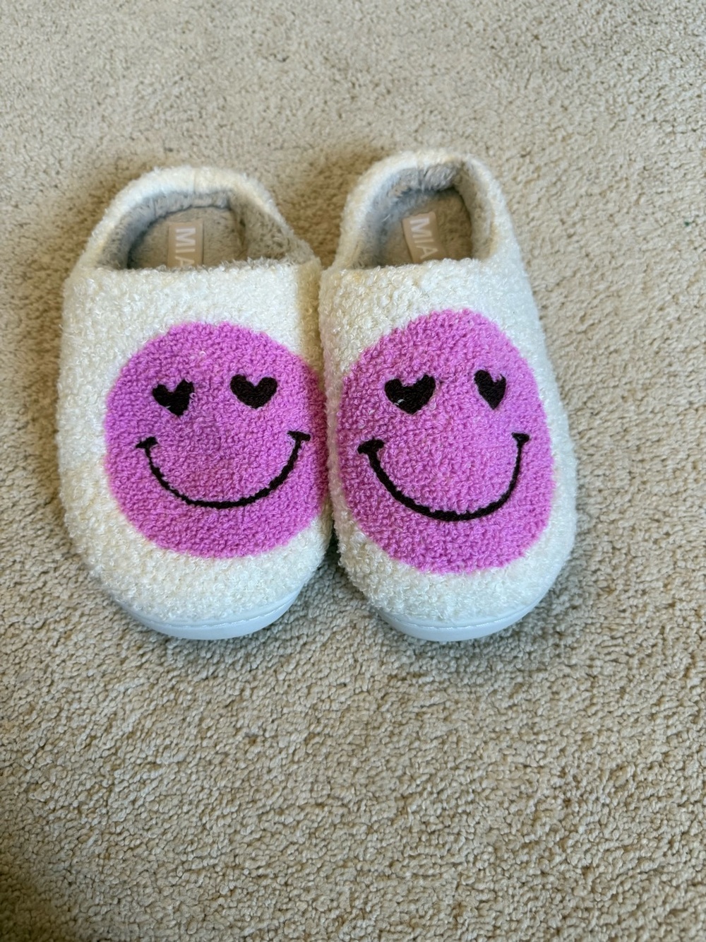 MIA Cream Slip-On Slippers with Pink Smiley Faces